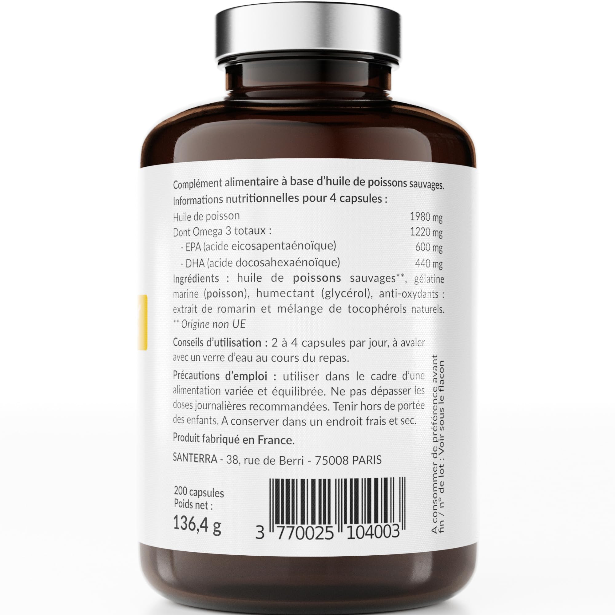 Omega 3 Santerra - 200 Capsules de 500 mg d’Huile de Poisson, EPA DHA