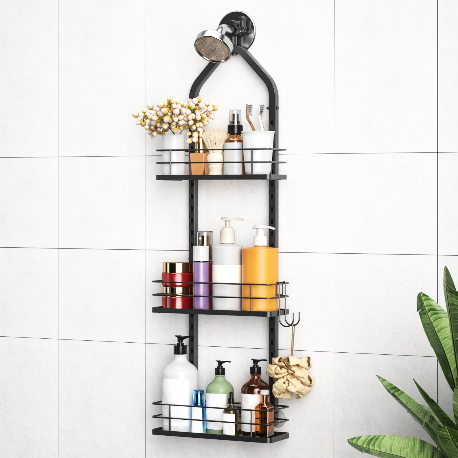 Aquohola Shower Caddy Hanging Adjustable Anti-Swing-Over The Shower Head Caddy 3 Tier Height Bathroom Storage Organizer Bathroom Shelves