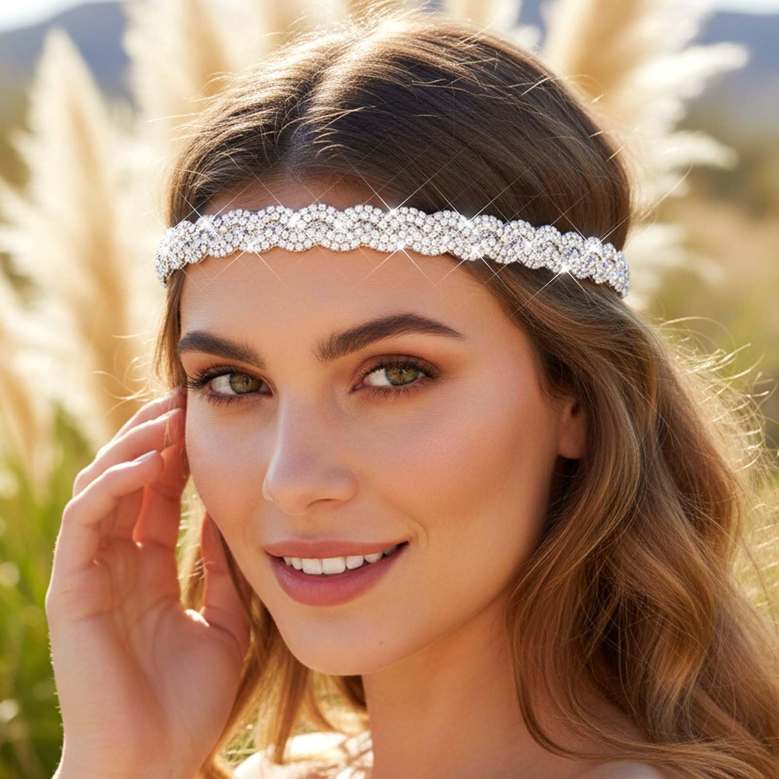 Fstrend Mardi Gras Elastic Rhinestone Headbands, Carnival Rave Hair Accessories, Sparkly Crystal Braid Headpiece for Women (Silver A, M)