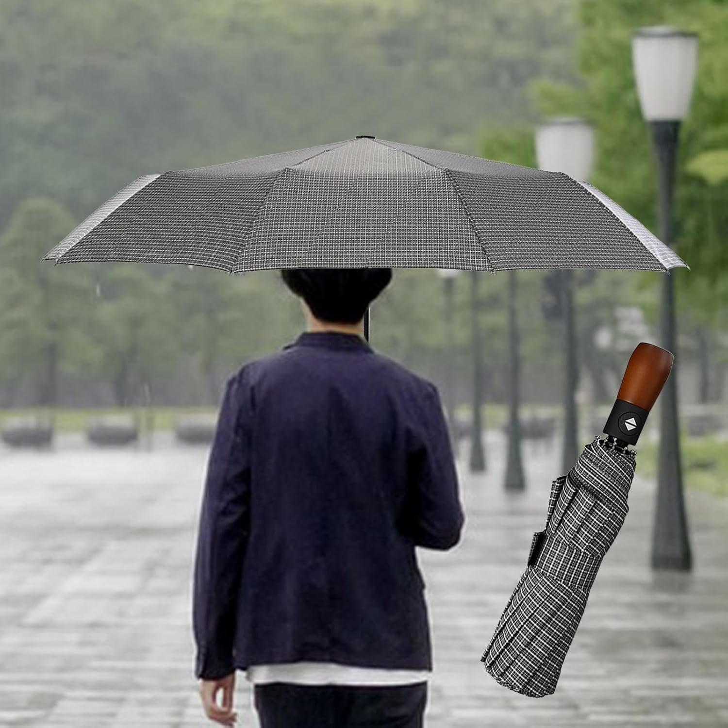 pistro Automatic Folding Umbrella with Strong Wooden Handle for Business Use Plaid Pattern 10 Rib Alloy Frame 41.34x24.41 Inch