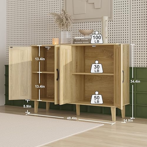 Miniatura 3 de Armario de almacenamiento con ribete de ratán, aparador de 4 puertas con almacenamiento, armario decorativo con estantes para baño, cafetería,