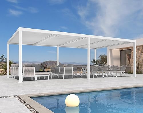 Miniatura 10 de PURPLE LEAF Pérgola de aluminio blanco de 10 x 14 pies para exteriores, pérgola moderna con 2 techos rígidos ajustables independientemente a prueba