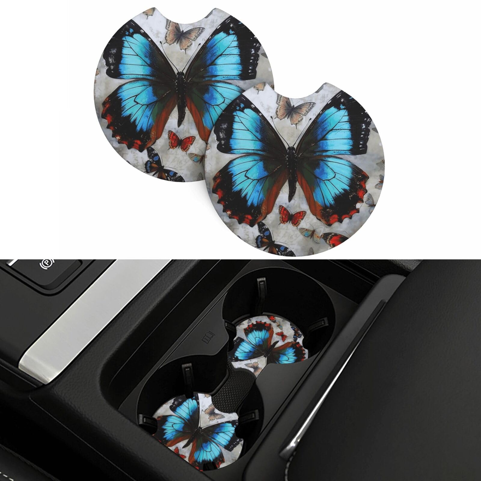 Butterfly Car Coasters 2 Pcs, Universal Non-Slip Rubber Car Cup Holder for Cup Holders, 2.75 Inch Neoprene Cup Pad Mat Coaster Car Interior Accessories for Women Men