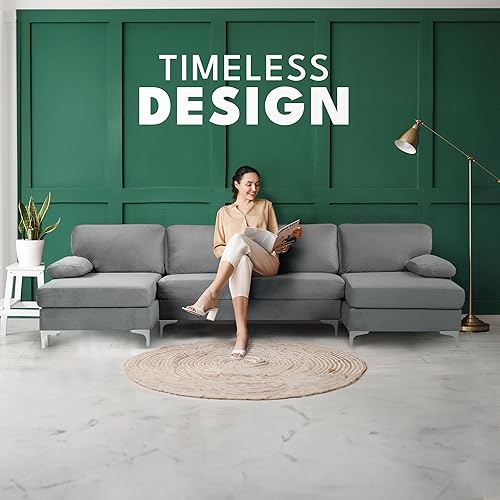 Miniatura 6 de Moderno sofá seccional grande de tela de terciopelo en forma de U con diván doble extra ancho, sofá para sala de estar, apartamento, salón, gris
