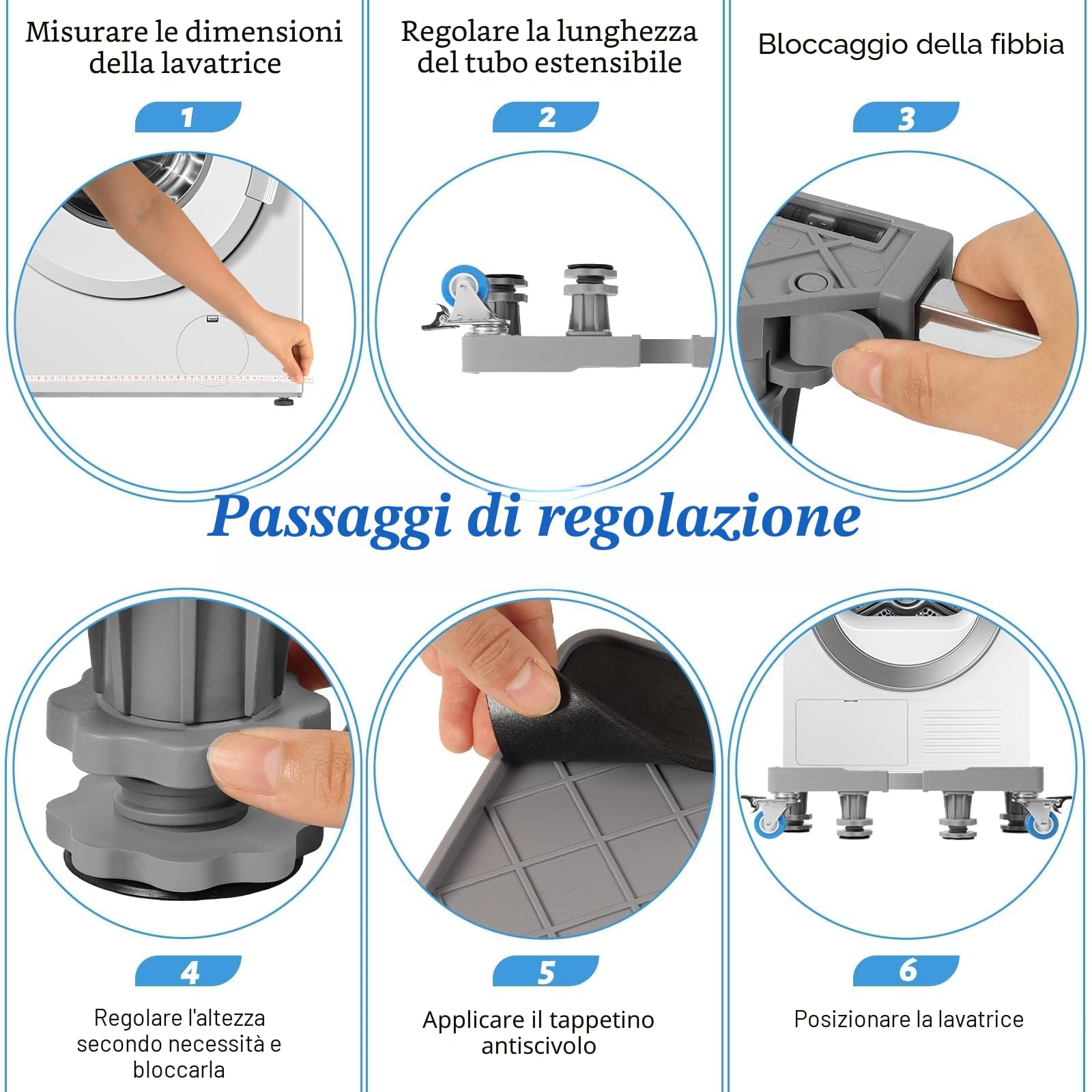 Base per Lavatrice con 8 piedi + 4 Ruote per Lavatrice, Frigorifero e Asciugatrici. Ruote Per Lavatrice Dimensioni Regolabili 42-66 cm, Antiscivolo e antiurto(Peso massimo 300 kg)