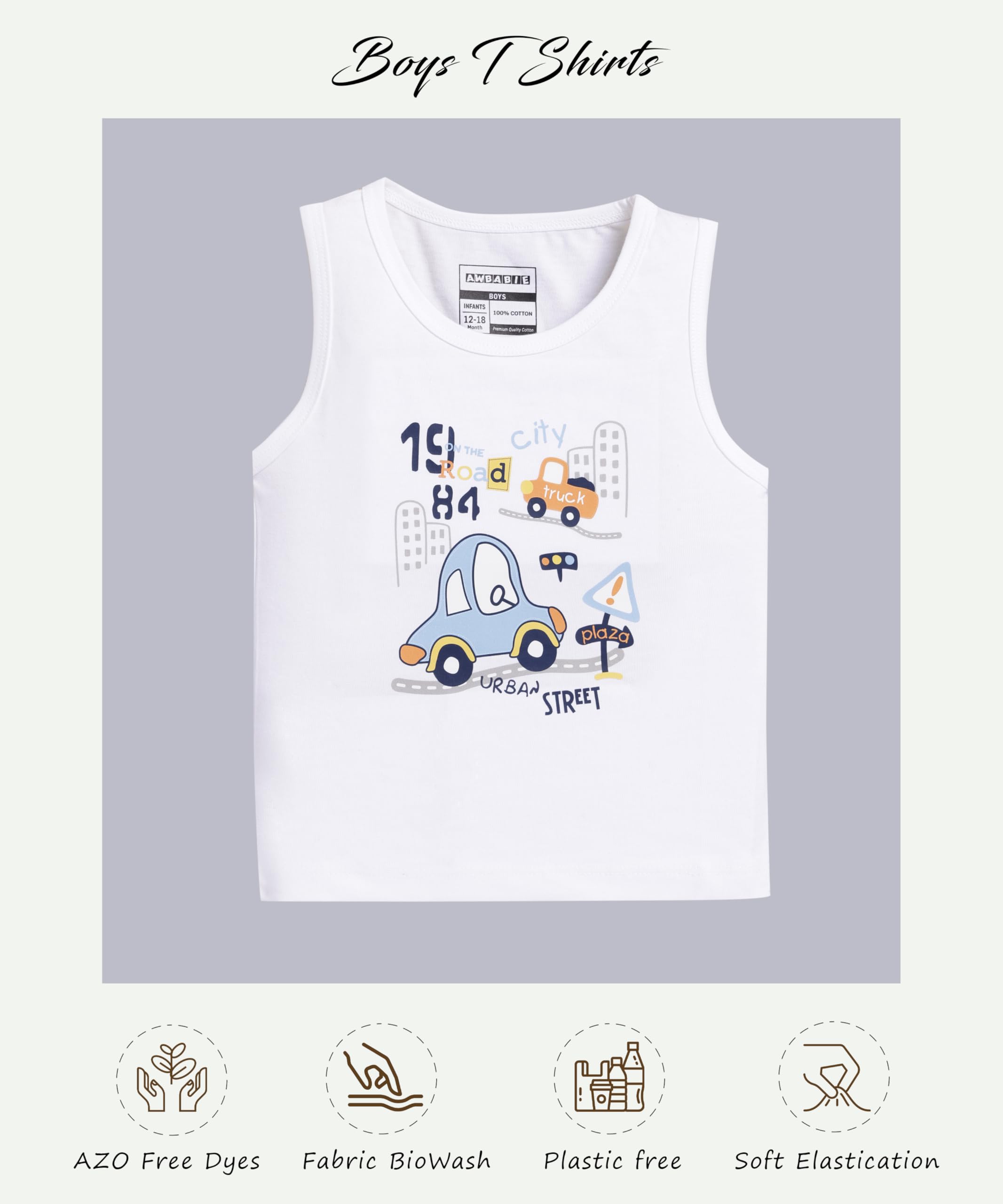 Awbabie Infant Boys' Sleeveless Top | 100% Cotton | Bio-Wash | 180 GSM Jersey | Soft & Breathable | Playful DTF Print | Cool & Versatile | Bright White | 6-9M - Image 2 thumbnail