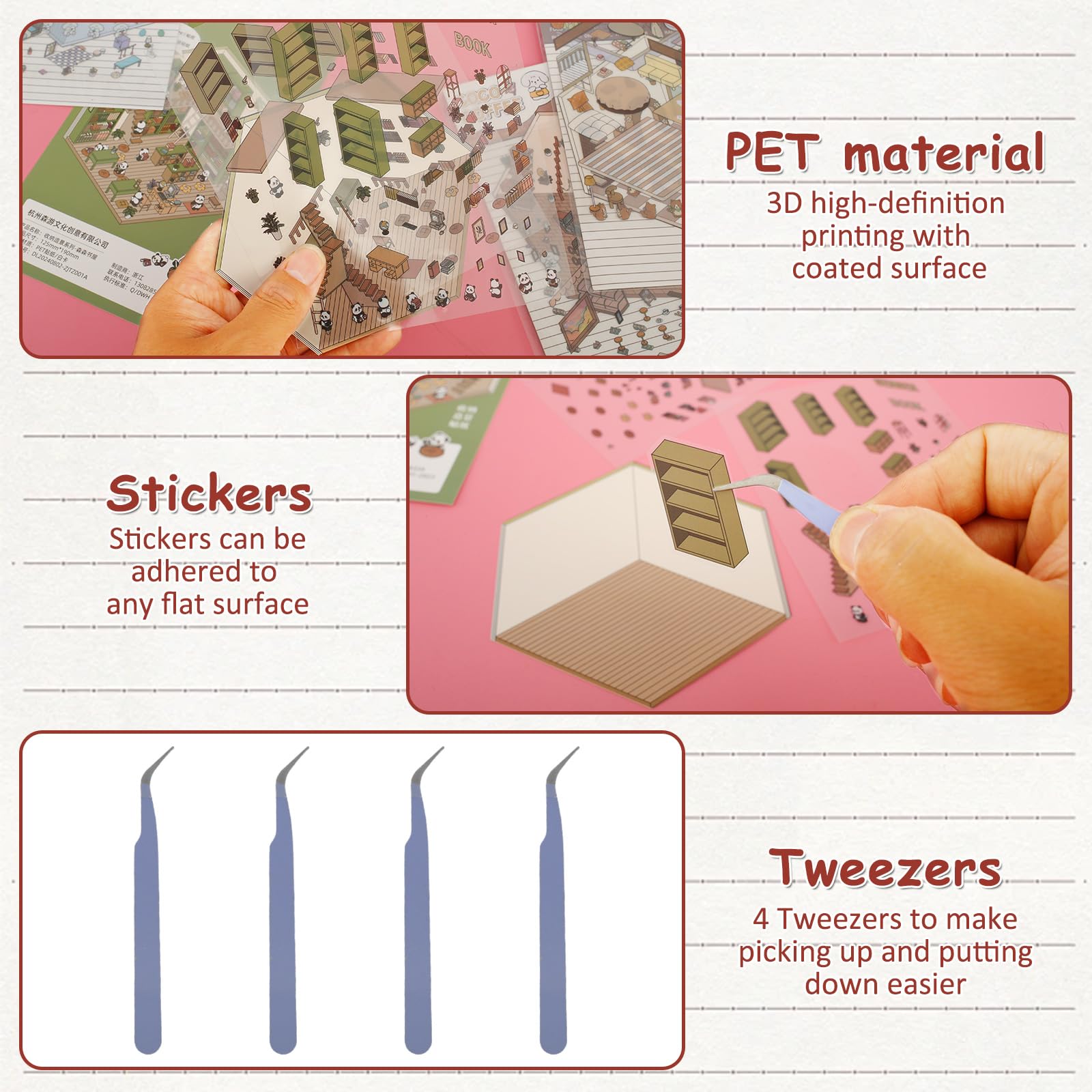 12 piezas DIY 3D House Stickers,Pegatinas decorativas 3D para escenas de casas en miniatura, divertidas pegatinas DIY para la escena para habitaciones pequeñas, Flower House, Café, Bakery Biblioteca