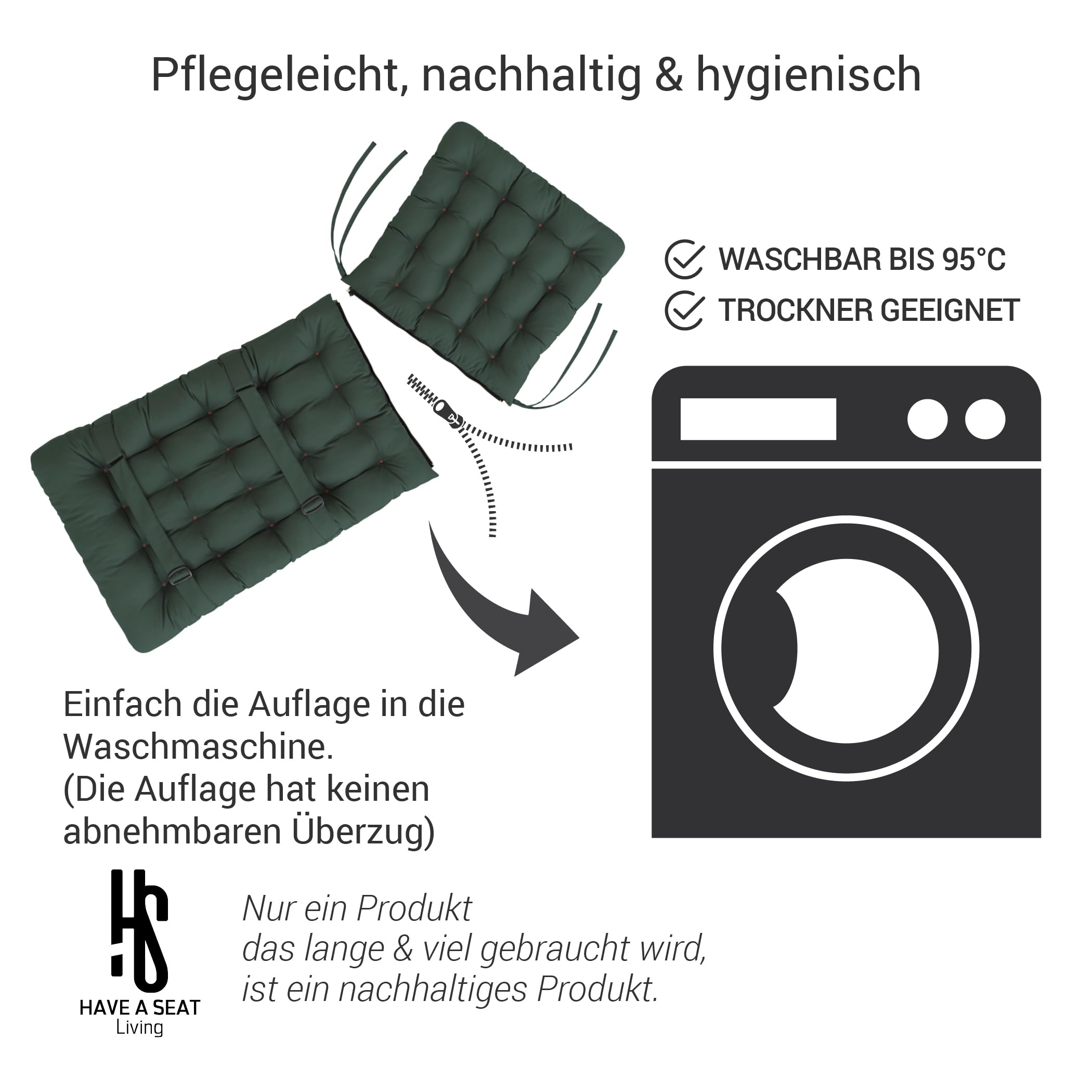 Hochlehner Auflage (1 St.) - Sitzpolster Gartenstuhl - Bequem, Wetterfest, Waschbar bis 95°C, Orthopädisch - Made in Germany (1 Stück - 120x48 cm, Moosgrün)