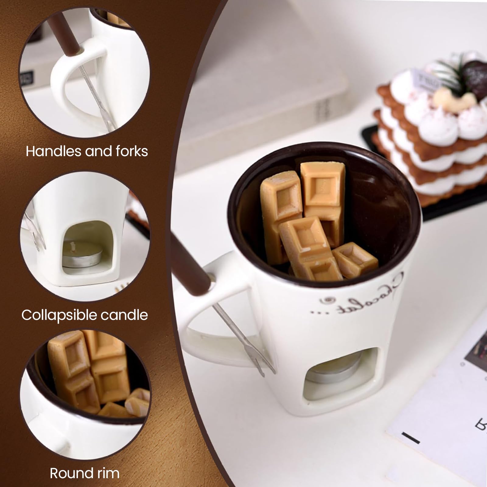Tasse à fondue au chocolat en porcelaine de 200 ml avec fourchettes, ensemble de chauffe-beurre en céramique, tasse chauffante en céramique pour bonbons, collation, caramel (blanc cassé)