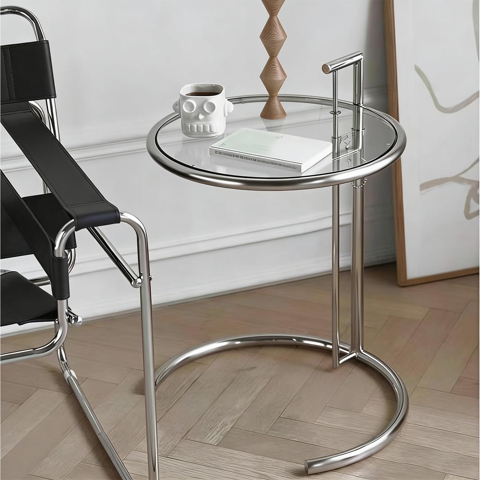 Runder Beistelltisch Aus Glas, Beistelltisch Aus Edelstahl, Snack-Beistelltischs, Nachttisch, C-Förmiger Beistelltischs Für Couch, Wohnzimmer, Schlafzimmer (Silver Clear)