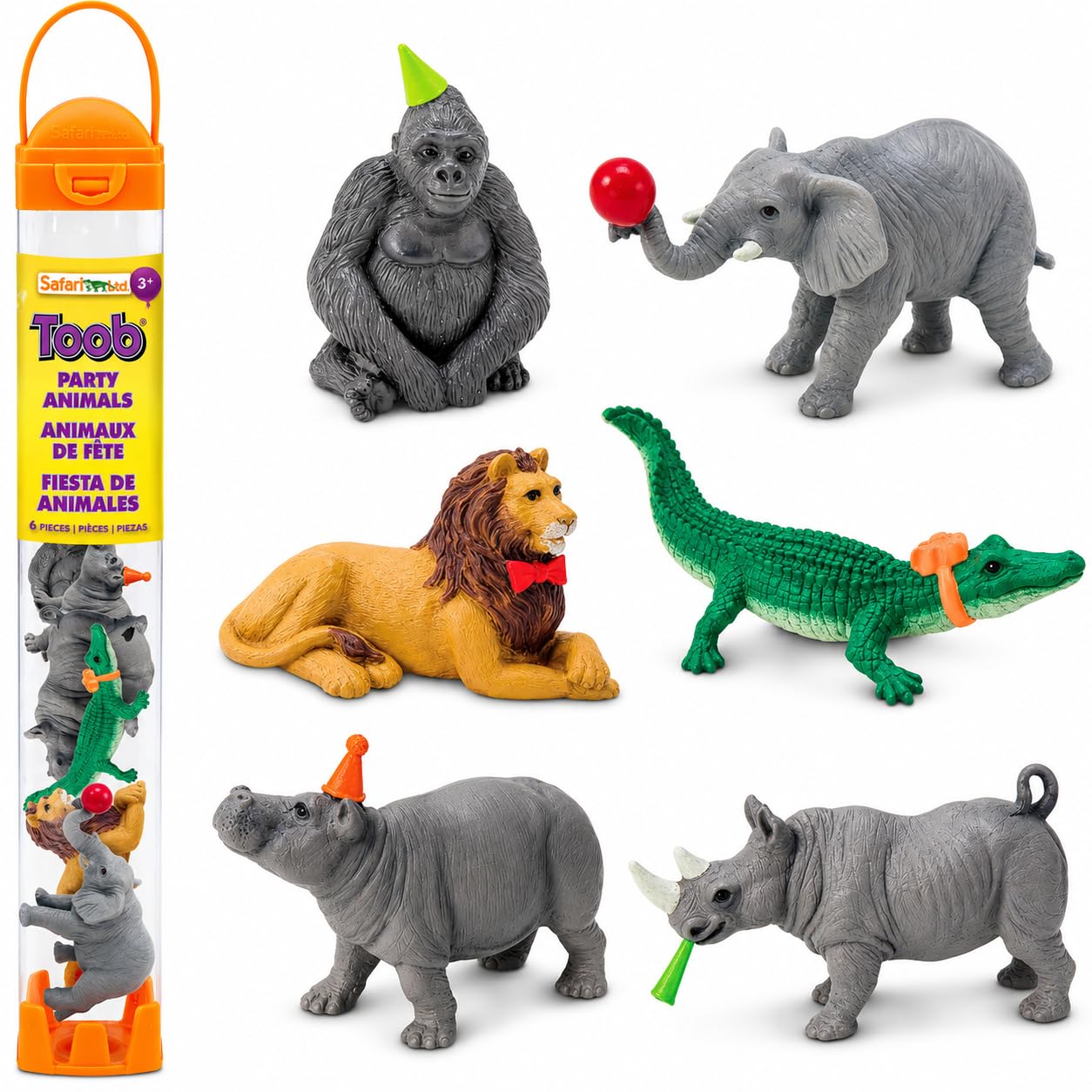Party Animals Toob - 6 Mini Animal Figurines Toy Set for Kids | 6 Mini Figurines, 2 to 3 Inches Tall, Ages 3+, Safety Tested, BPA Free PVC, Cake Toppers, Dioramas, Party Favors
