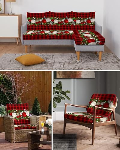 Miniatura 6 de Fundas de cojín para sofá, diseño de bolas de Navidad a cuadros, lavables, color rojo y negro, conos de pino de búfalo y bayas, extraíbles y