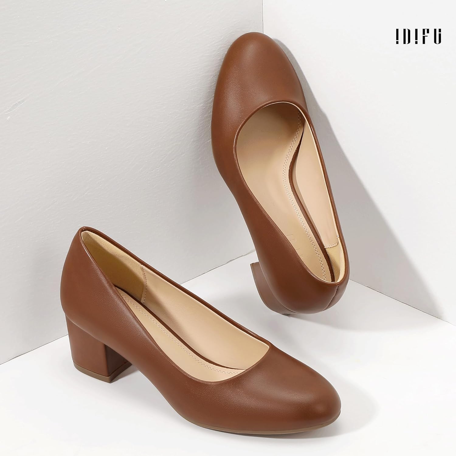 IDIFU IN2 Women's Pumps Closed Round Toe Low Block Chunky Heels Short Small Thick Heels Wedding Bridal Homecoming Work Prom Dress Shoes for Women Comfortable Cute Dressy Formal Classic Pumps Shoes - Image 5