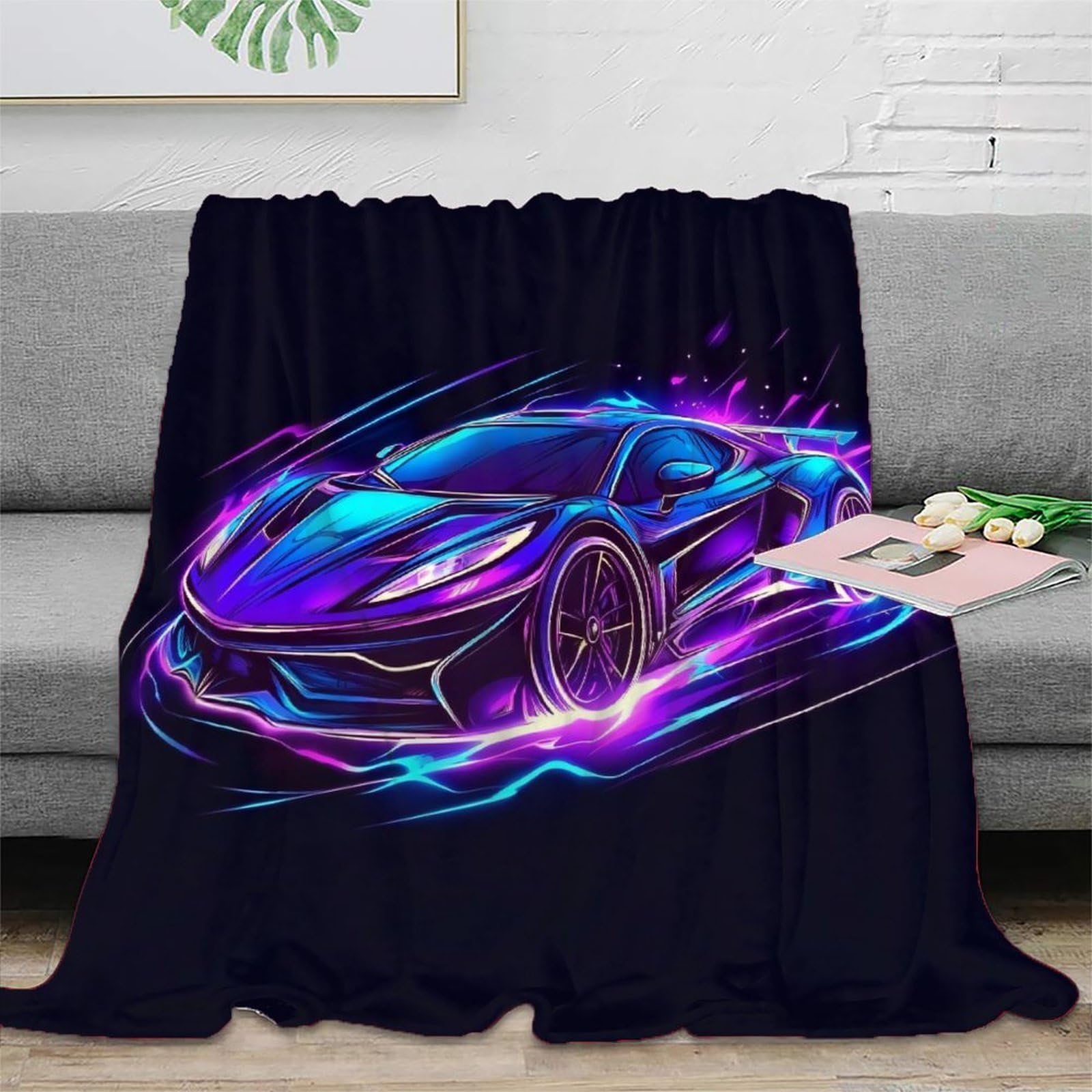 Couverture voiture de sport néon 3D en microfibre 150x200cm pour lit et canapé