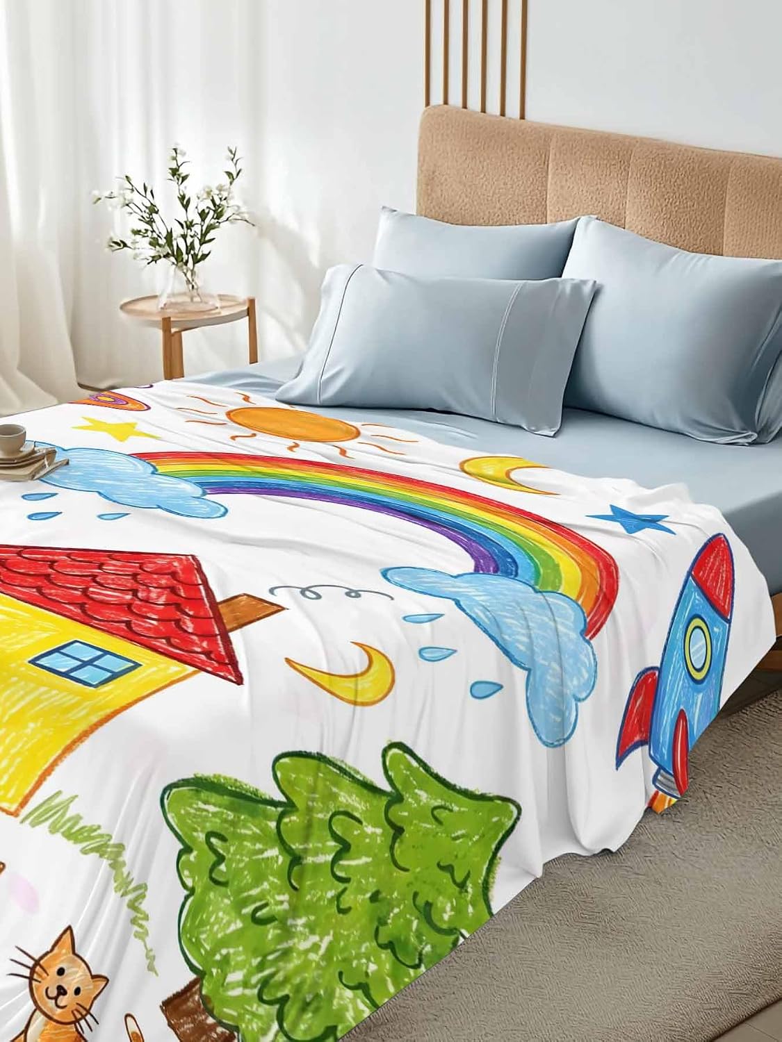 Full Flat Sheet, Children's Day Full Bed Sheets Only, Soft Microfiber Flat Sheet, Cartoon Painting Rainbow Rocket Butterfly Hotel Quality Bedding Top Sheet Bedroom Home Dorm Decor
