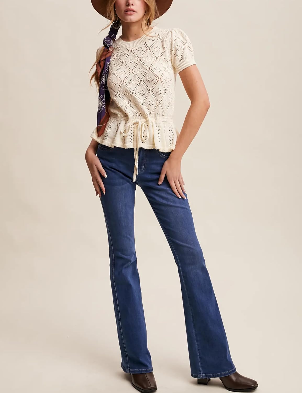 Bianstore Womens Casual Short Sleeve Crochet Knit Sweater Lightweight Hollow Out Tie Front Peplum Tops