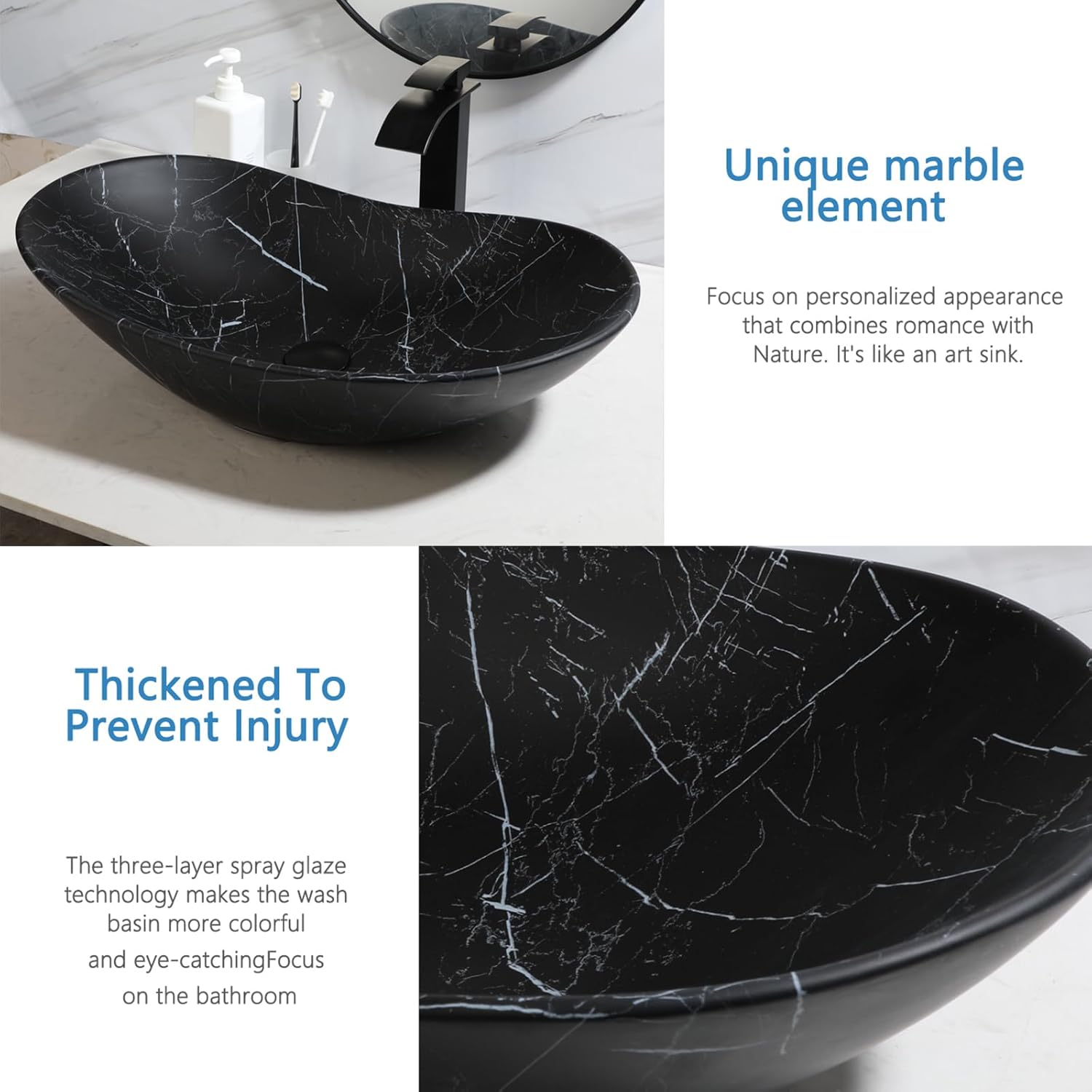 Ceramic Black Bathroom Sink with Marbling, 24in Oval Porcelain Vessel Sink,Above Counter with Faucet and Drain Combo