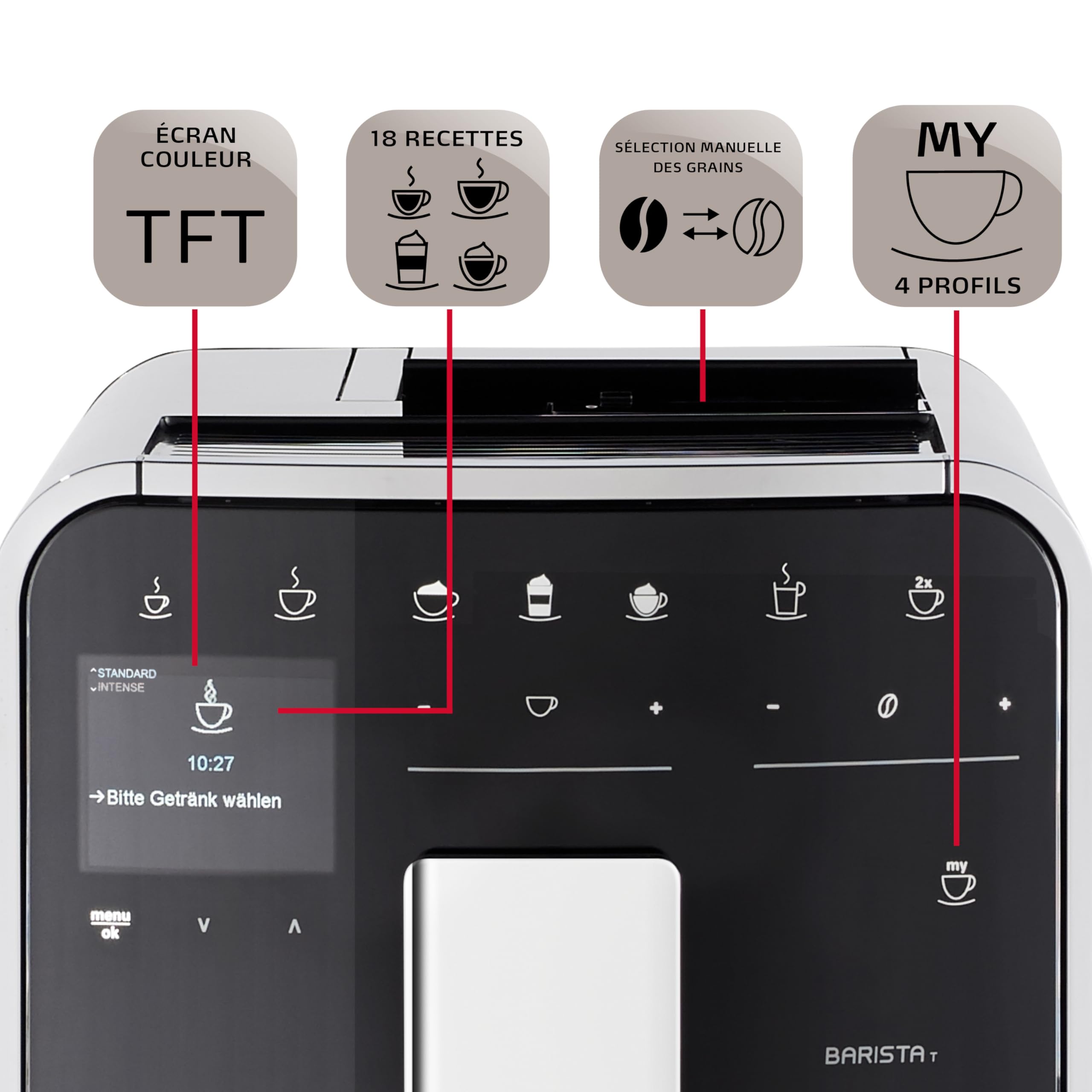 Melitta Barista T Smart Argent, Machine à Café à Grains avec Broyeur et Système One Touch, Mode 1 à 2 Tasses, Cafetière Connectée, Écran Couleur TFT, F831-101