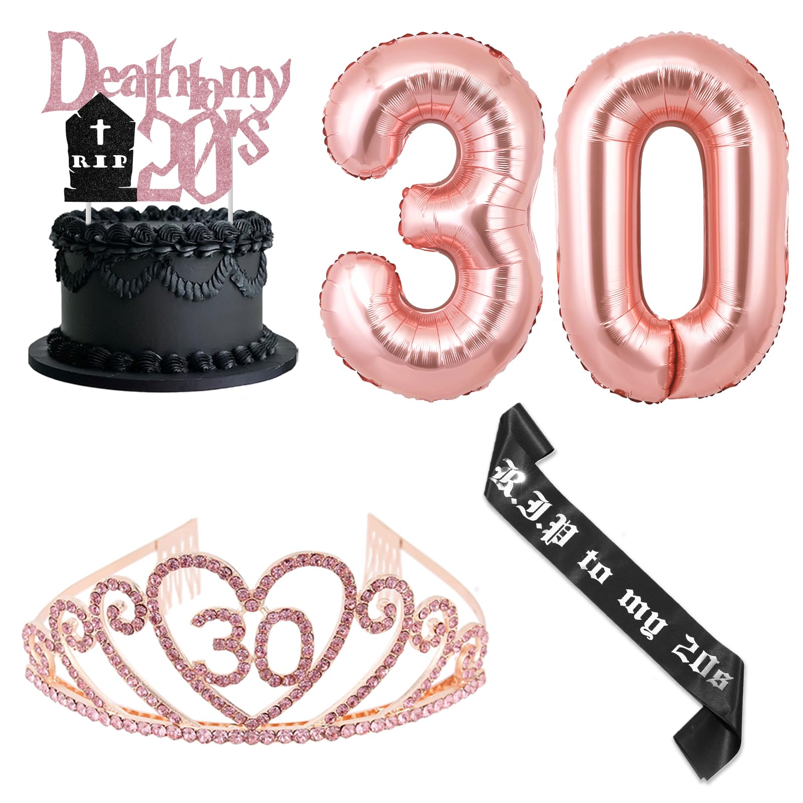 JOYMEMO 30th Birthday Decorations for Her Women Rose Gold and Black - Rip to My 20s Sash and Crown, Death to My 20s Cake Topper, Number 30 Balloon for Funeral Themed Thirty Birthday Party Supplies