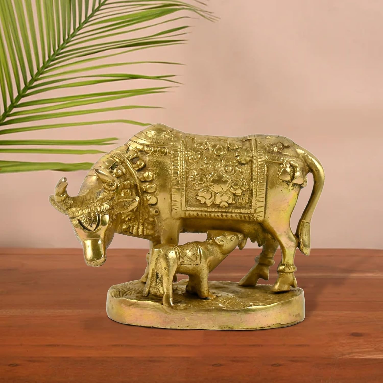 Pick End Now Kamdhenu Cow with Calf Sculpture Brass Statue, Nandi Cow Sculpture | Product Dimensions- 5.2x2.3x4 Inch, 900gm