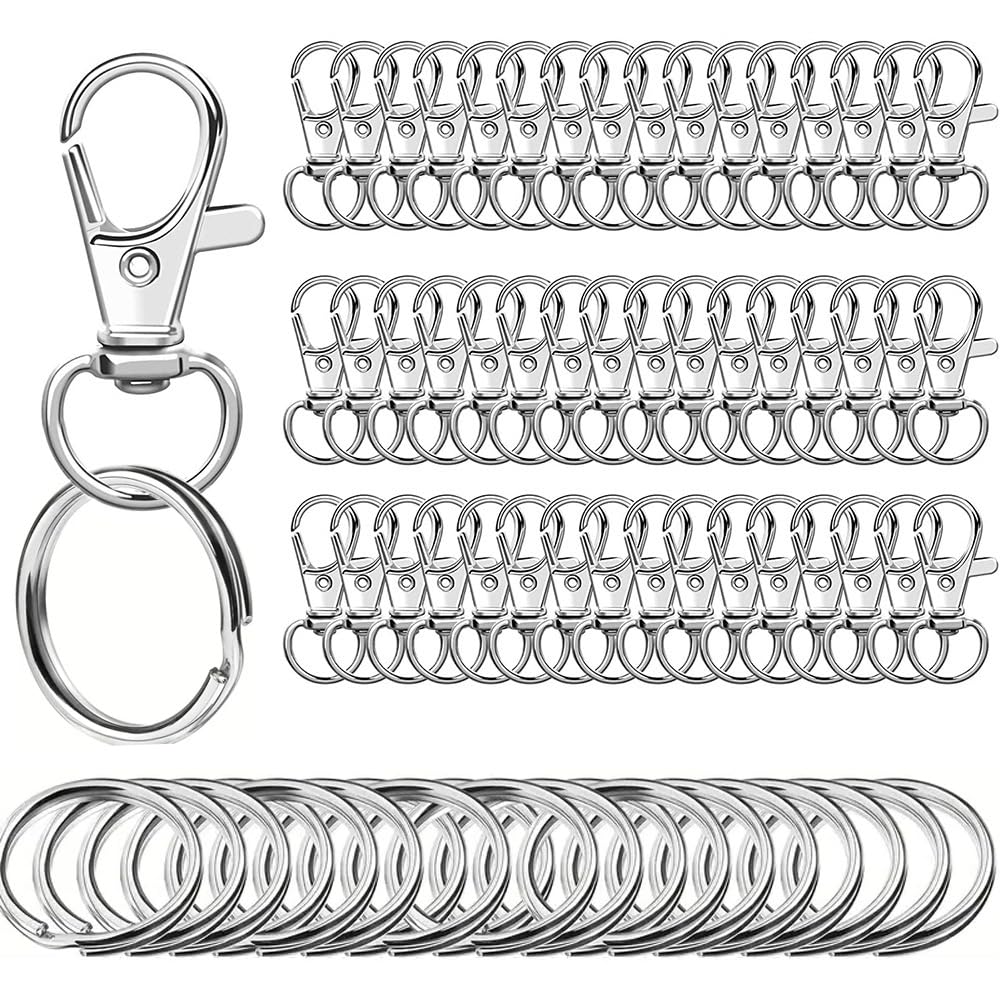 100 STK. Karabinerhaken mit Drehgelenk und Schlüsselringen, 50 Clips 3,3 x 1 cm und 50 Flache Ringe 2,5 cm für Schlüsselbänder, DIY-Schmuck, Ausweishalter, Taschenzubehör, Zinklegierung, Silber