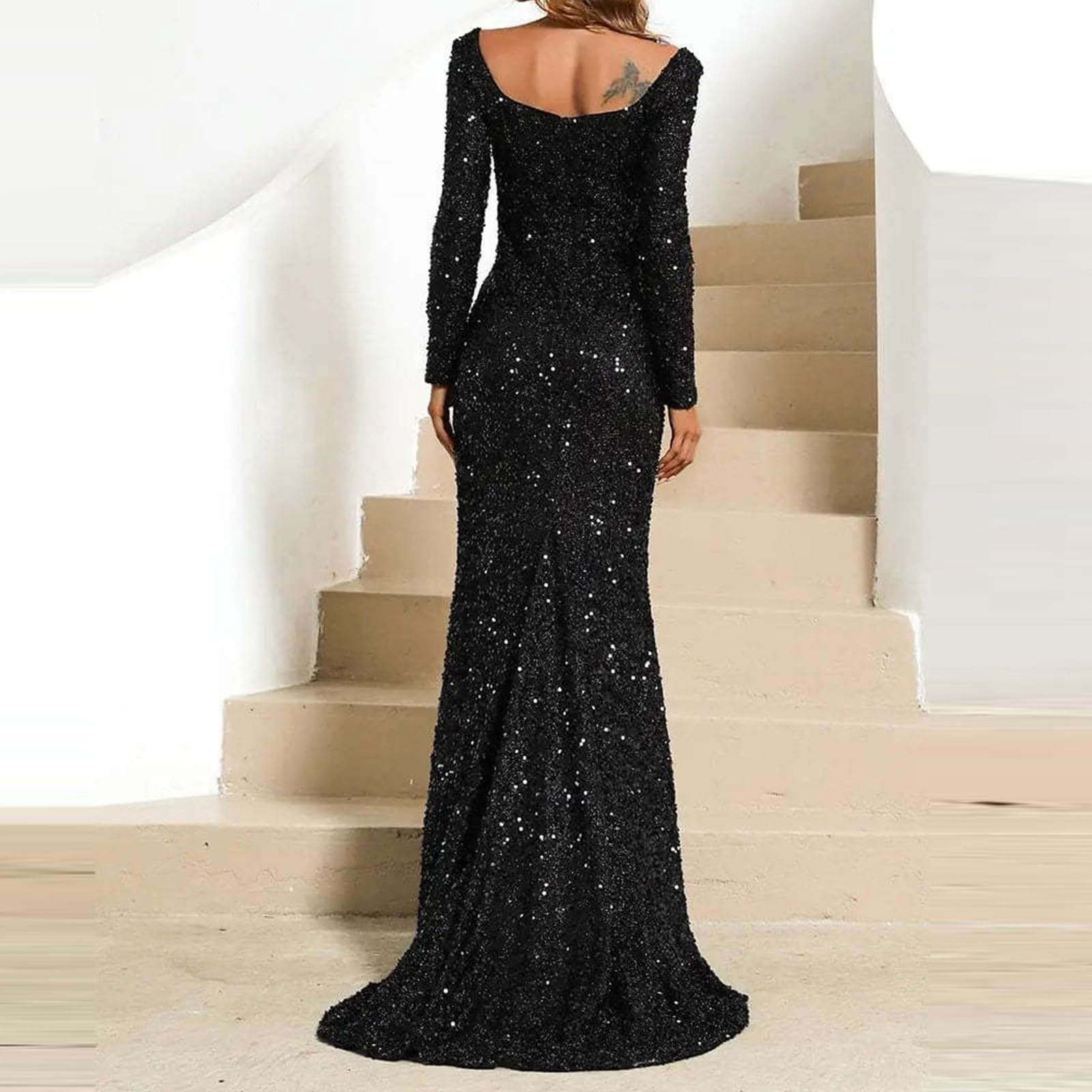 Vestido largo con purpurina para mujer, vestido de noche, elegante, con purpurina, vestido de fiesta, sexy, con ranura, vestido de Nochevieja, cuello en V profundo