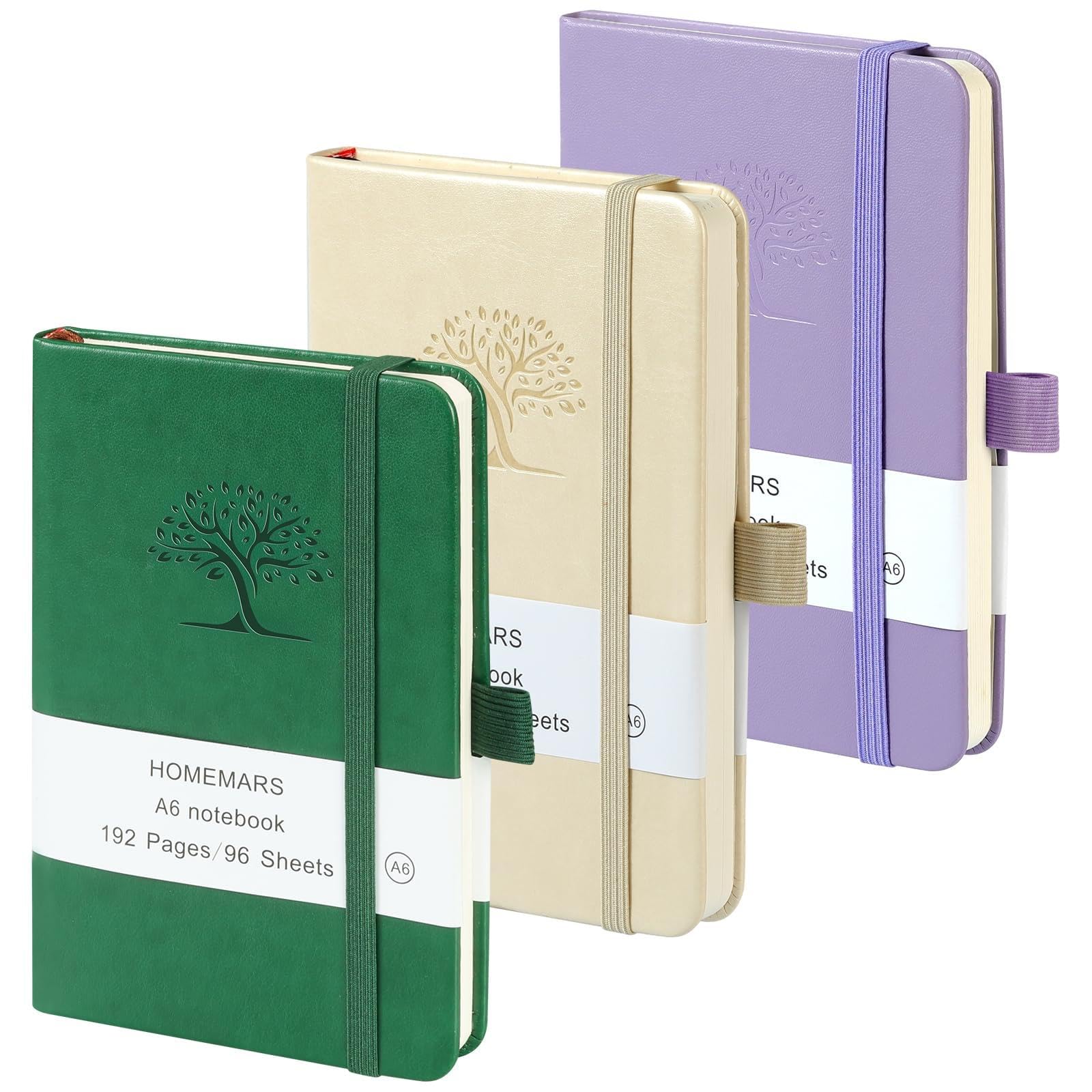 HOMEMARS pocket notebook,Purple Beige Green,3 Pack, A6 Notebook, Small Notebooks 14.4 cm x 9.6cm, Leather, 192 Pages Each, Mini Journal Notepad, Embossing Tree Design, Sturdy pen loop, Graph Paper