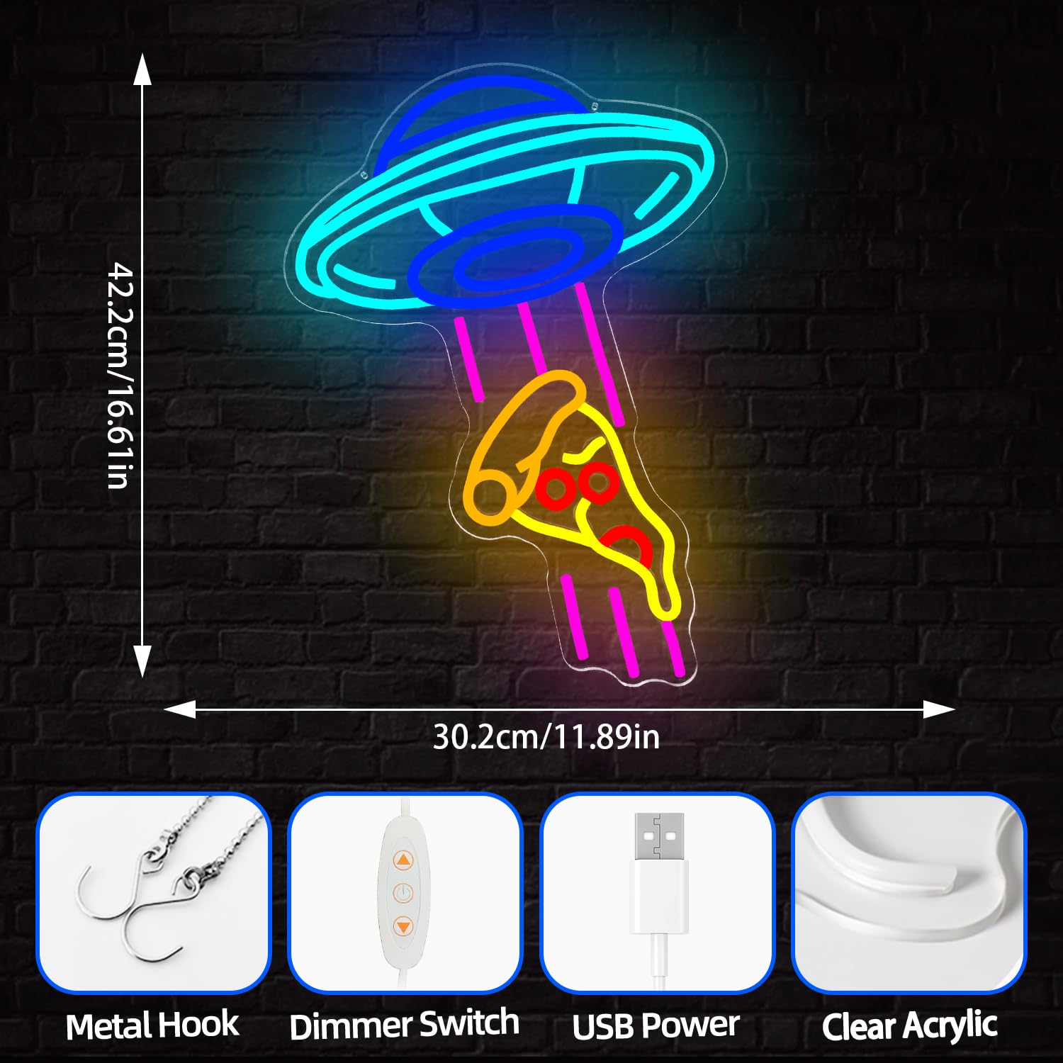 UFO Pizza Neonowa dekoracja ścienna z możliwością przyciemniania, neonowy znak LED, do pizzy, dla miłośników jedzenia, dekoracja ścienna USB, do sypialni, baru