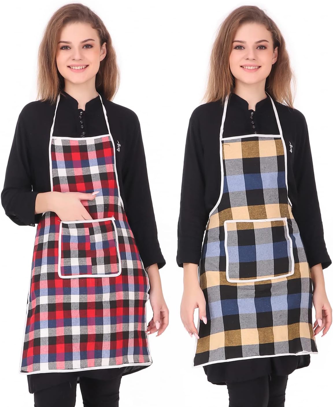 GLUN Waterproof Cotton Kitchen Apron with Front Pocket (Multicolour) Set of 2