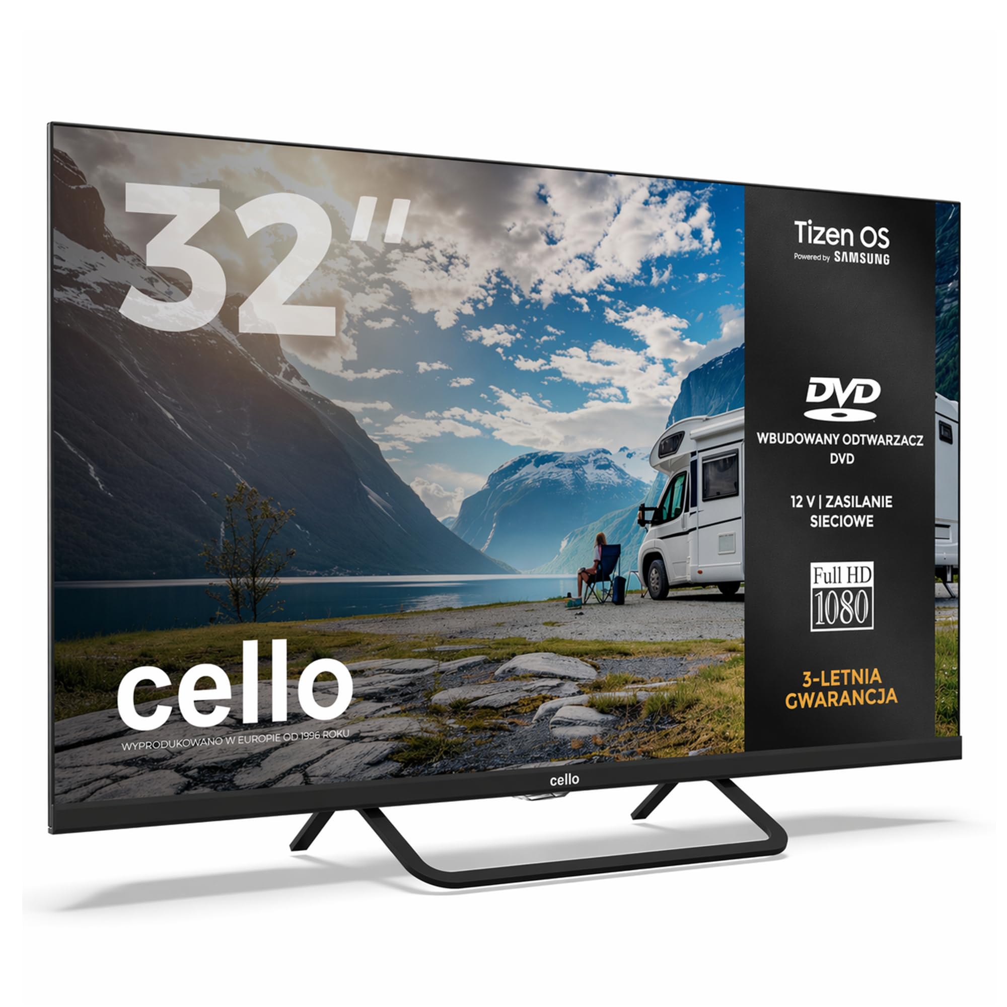 Cello Ctrav-32TZF 32" Smart TV LED z systemem Tizen OS, telewizor podróżny 12V z wbudowanym DVD, 3-letnia gwarancja, głośniki Pitch Perfect, Prime Video, Bluetooth, idealny do kamperów