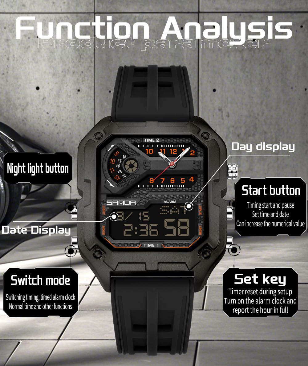 CARLIEN Orologio da polso da uomo, elegante, con grande quadrante digitale, retroilluminato a LED, luminoso, cronometro, alla moda, casual, impermeabile fino a 5 atm, al quarzo, da uomo