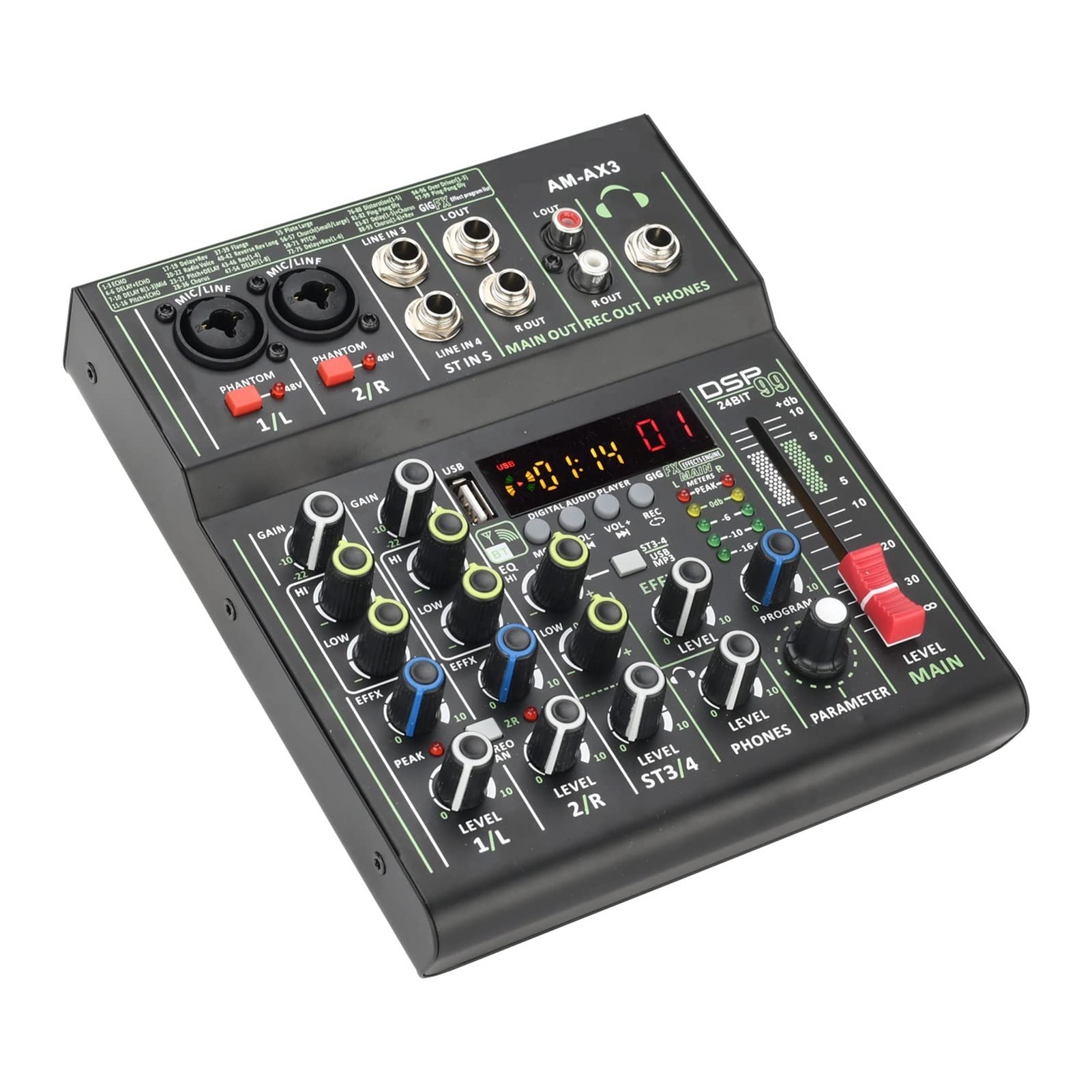 Attrezzatura per DJ per Feste Mini Mixer Audio a 4 canali Individuale Phantom Power 99 Dsp Effetti Bluetooth USB Console di miscelazione dei Record di Riproduzione di Computer(AM-AX3)