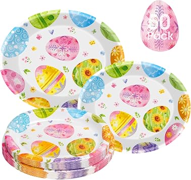 50 Pack Large Easter Plates Set - Watercolor Happy Easter Oval Paper Plates, Disposable Spring Colorful Eggs Oval Heavy Duty Dinner Dessert Plate Tableware for Easters Party Supplies Table Decorations