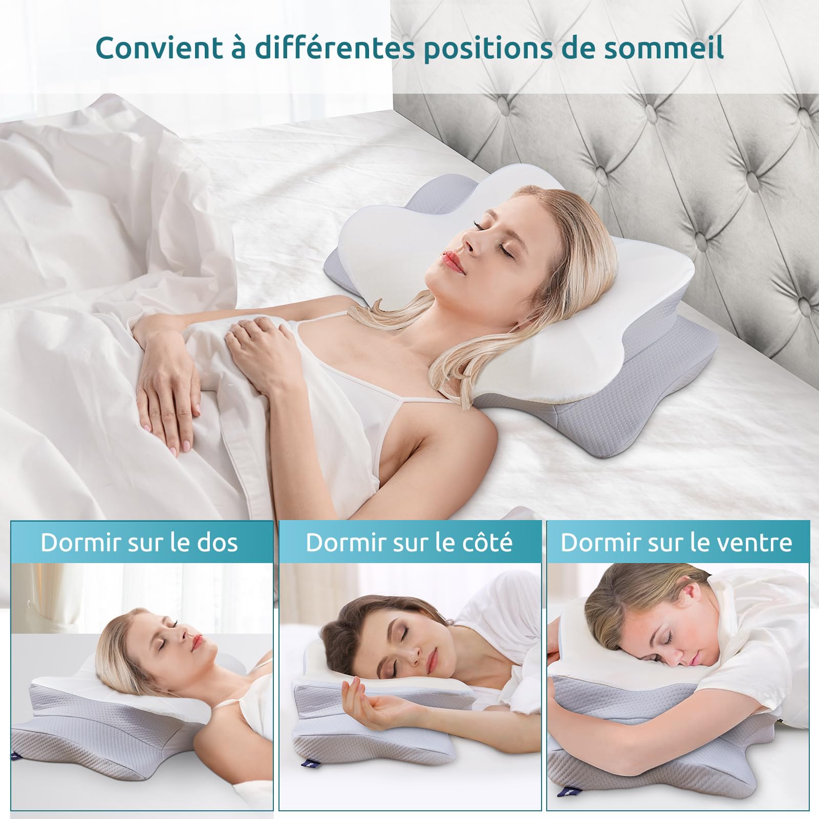 DONAMA Oreiller Ergonomique Cervical pour Les Dormeurs sur Le Côté, Le Dos Et Le Ventre, Oreiller Memoire Forme pour Le Cou et Les Épaules, avec Taie d'oreiller, 70x42x11/14cm, Gris Clair