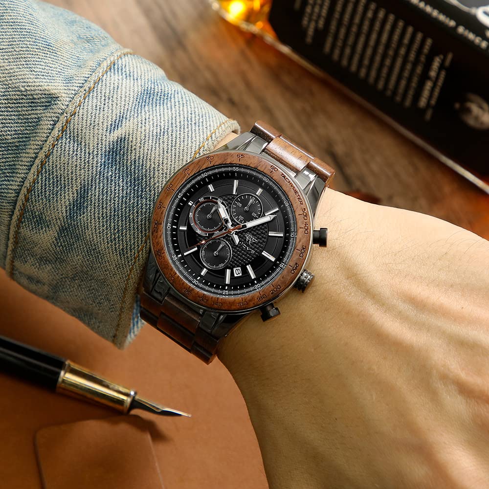 orologio da uomo in legno e acciaio inossidabile, cronografo 3 quadranti cronografo al quarzo per il tempo libero orologio da uomo multifunzione in legno, fatto a mano