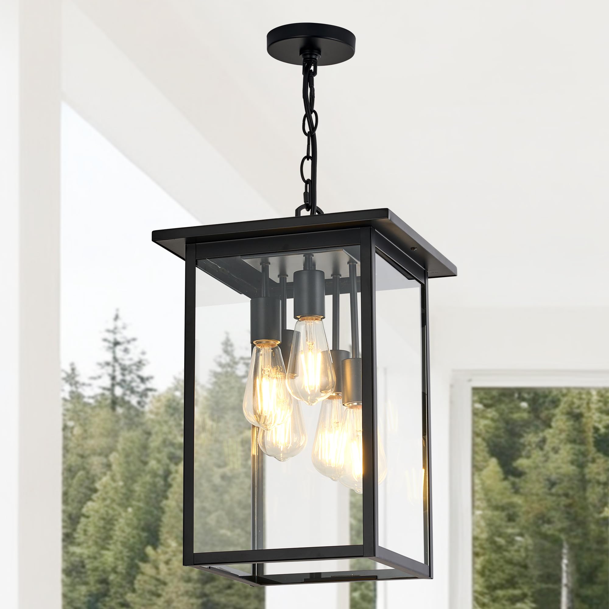Modern Outdoor Pendant Light with Dual E26 Base Socket, Black Chandelier with Clear Glass Shade, Exterior Hanging Lantern for Front Porch Entrance