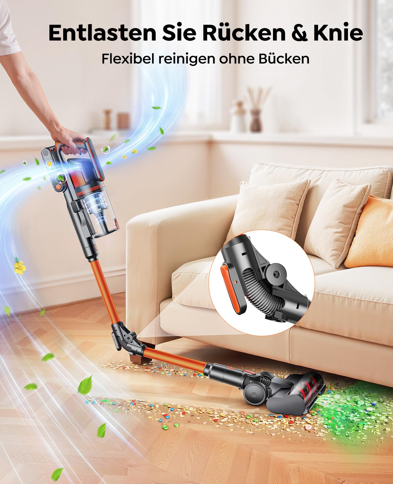 Fieety Akku Staubsauger,600W/50kPa/65Min Staubsauger Kabellos mit Wandmontierte Ladestation, Aromatherapie, Automatikmodus, Flexibles Biegegelenk, 1M Schlauch für Hartböden Teppiche Tierhaare Auto