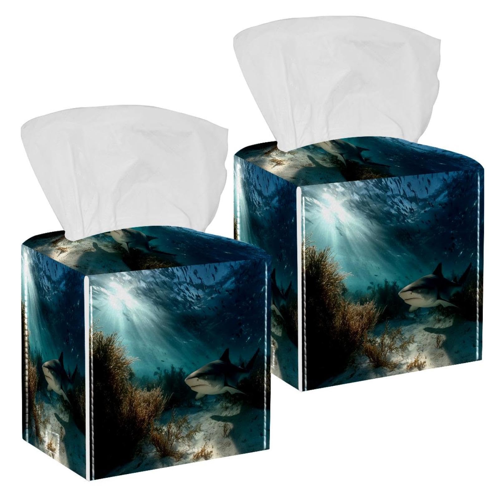 Shark Tissue Box Cover, 2 Pack PU Leather Square Facial Tissue Dispenser Box holder for Home Office Car