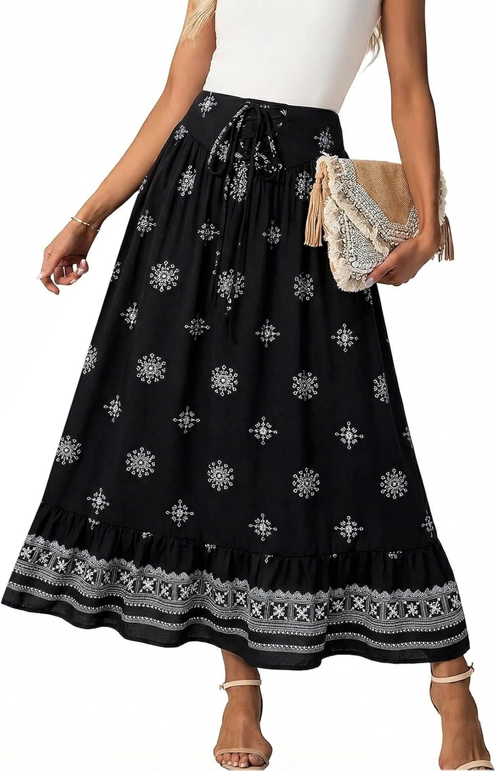 BLENCOT Women's Boho Floral Maxi Skirt High Waisted Smocked Tiered A-Line Long Skirts