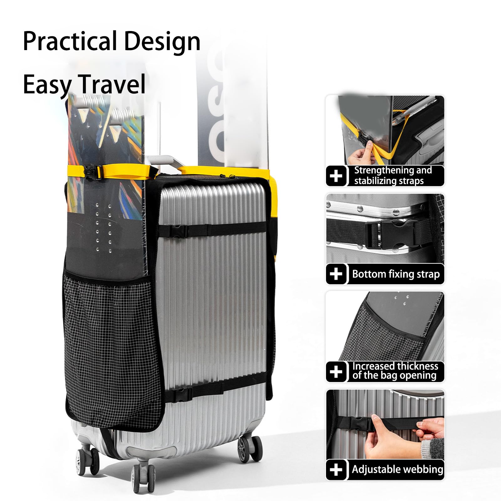 Housse de sangle de snowboard avec poche élastique pour divers snowboards, grands compartiments latéraux, sac de rangement de voyage pour planche à ski