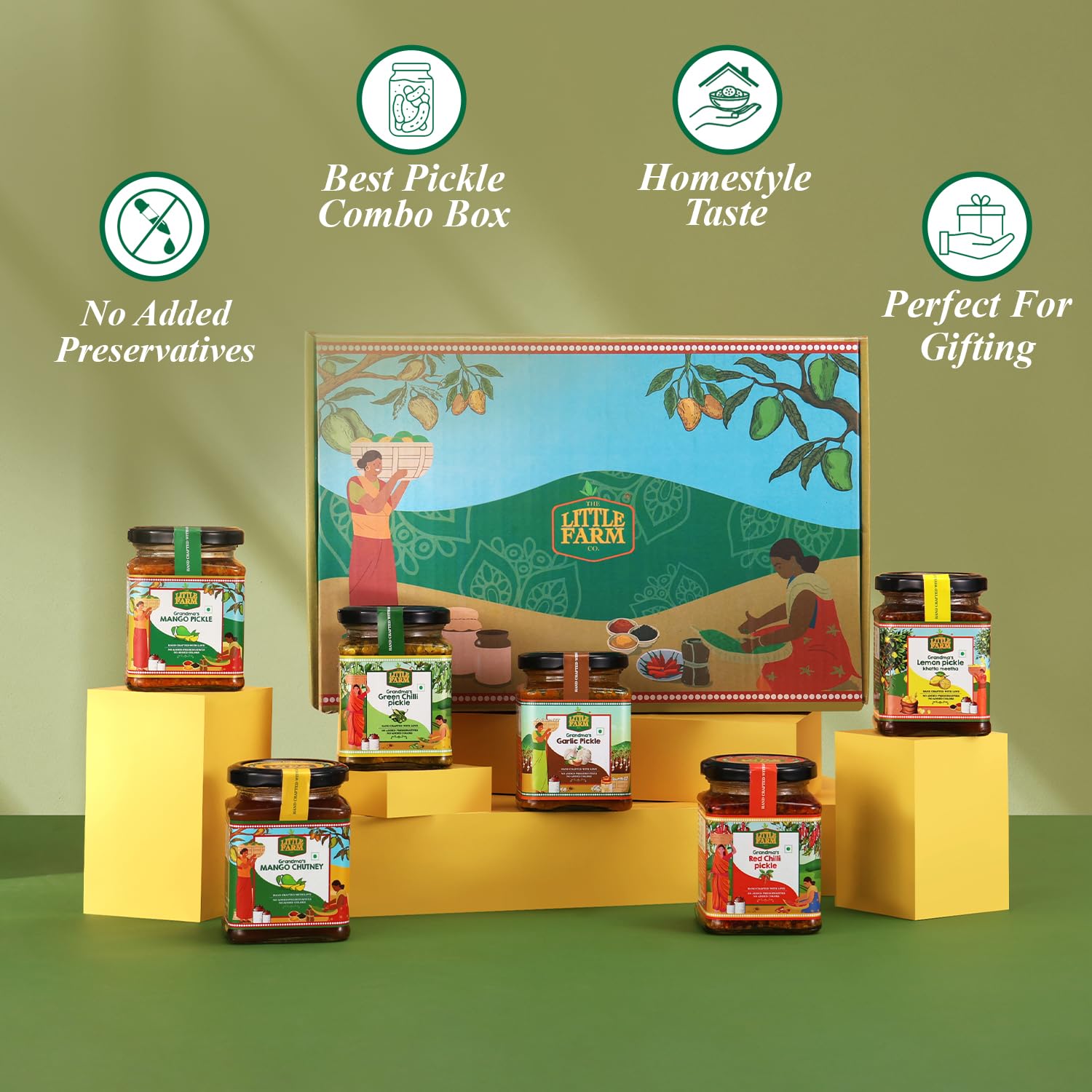 THE LITTLE FARM CO Homestyle Special Pickle Assorted Box (250g x 6) - Mango, Lemon Khatta Meetha, Red Chilli, Green Chilli, Garlic, and Mango Chutney |Perfect For Gifting for Flavorful Celebrations 1