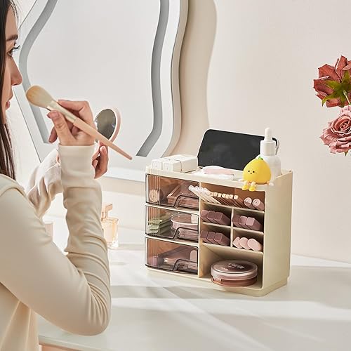 Miniatura 4 de Organizador de maquillaje para encimera con 3 cajones, organizador de escritorio multifunción para cuidado de la piel, brochas de maquillaje, lápiz
