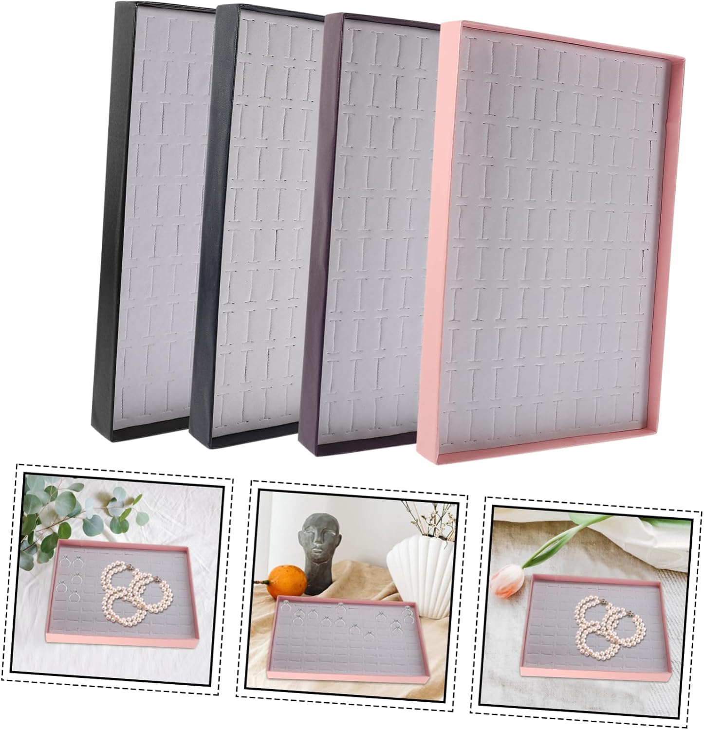 Hemoton 100 Slot Velvet Ring Storage Tray Lid 4-Piece Jewelry Organizer for Travel and Display Stackable Jewelry Tray for Rings Earrings Necklaces