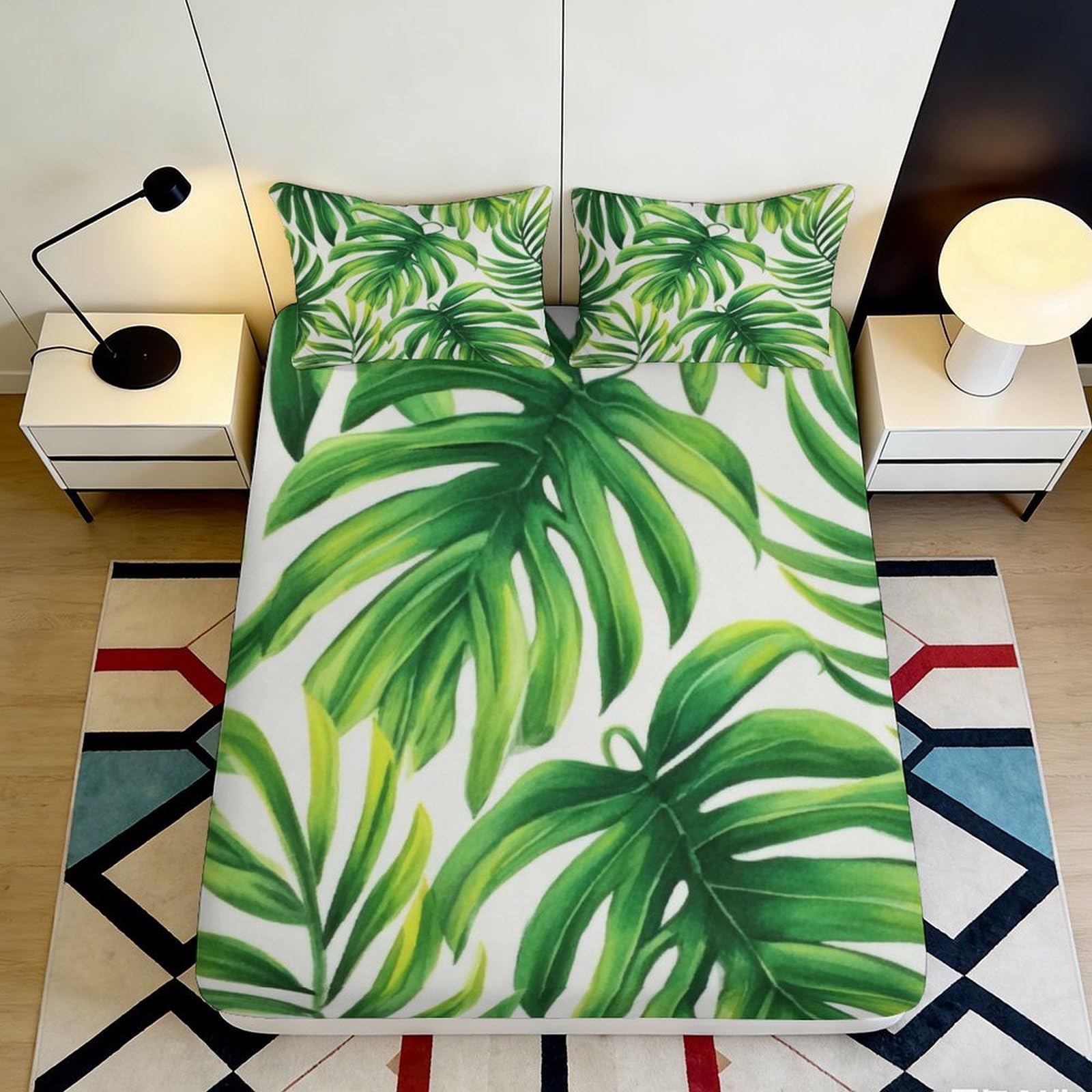 3D Printed Tropical Leaf Fitted Sheet Microfiber Soft Breathable Jungle Plant Mattress Cover for Bedroom Decor 180x200x25cm
