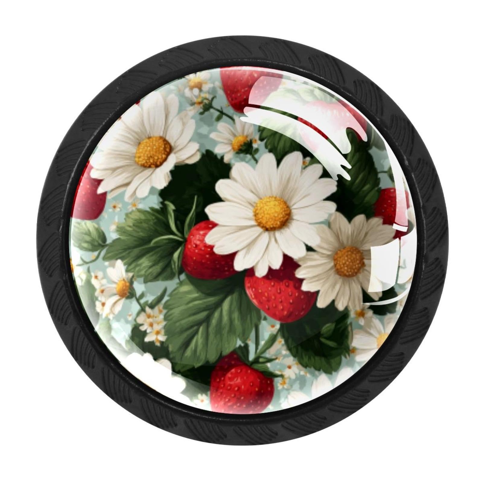 CHENZZZZ 4 Pieces Round Cabinet Knobs Rustic Dresser Knobs, Drawer Cupboard Wardrobe Cabinet Pulls Handles Hardware for Home Kitchen Furniture, Daisy Flower Strawberry Pattern (3)
