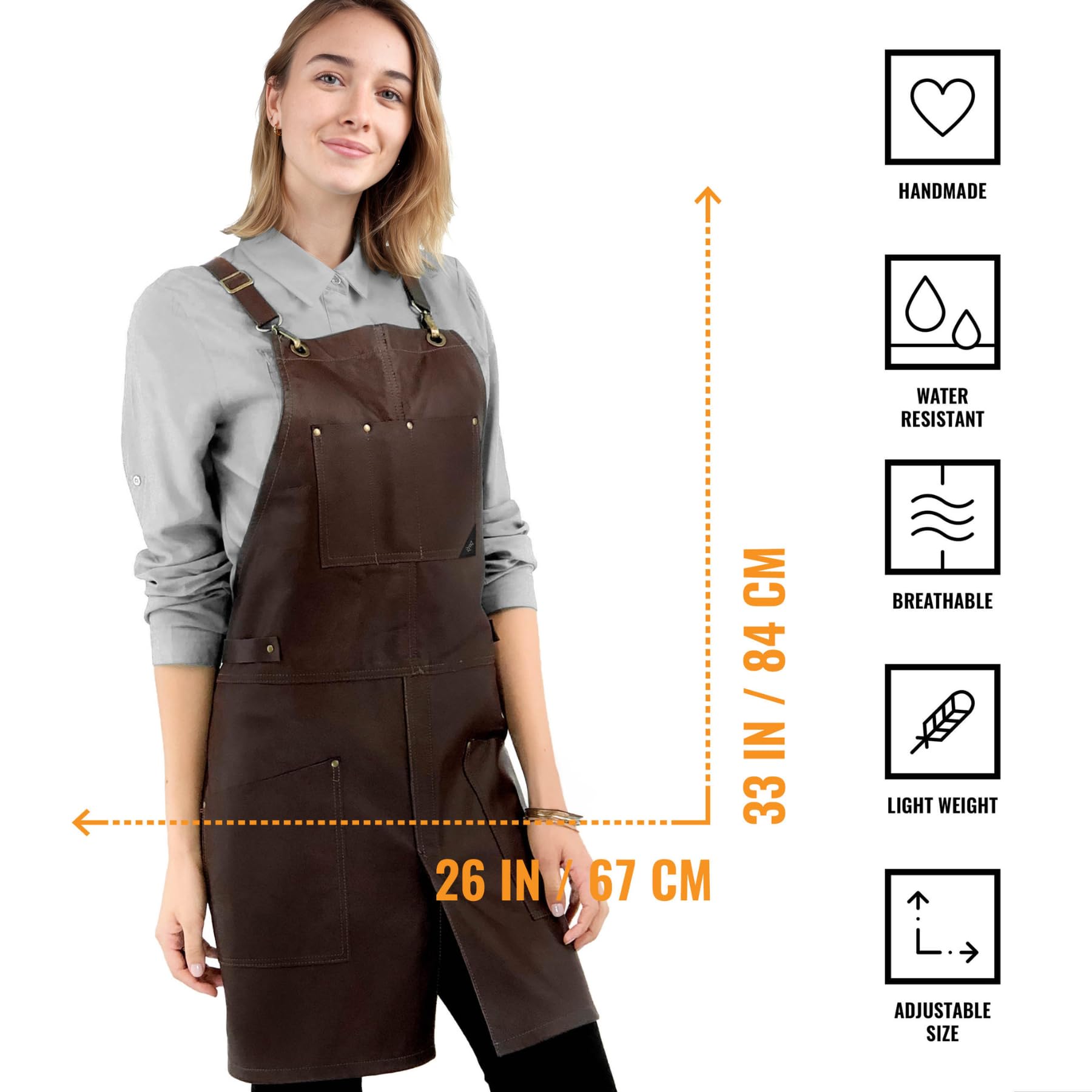 Under NY Sky Delantal de Piel - Mandil de Cuero Genuíno - Correas de Espalda Cruzadas - Forro Interno - Ajustable para Hombres y Mujeres - Chef, Barista, Barbero, Carpintero, Tienda, Barman