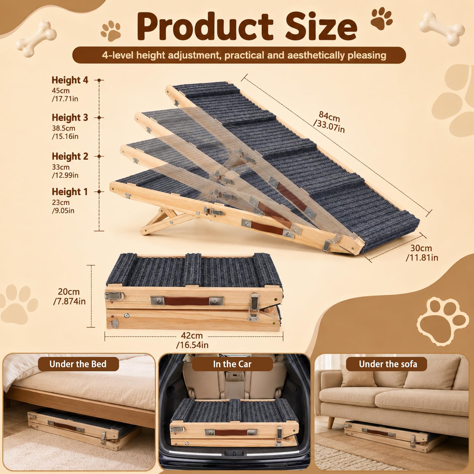 Rampe Chien en Bois, 84cm Rampe Pliable pour Chien avec 4 Hauteurs Réglable | Escalier portable lits avec revêtement antidérapant Rampe animaux pour chiens petite à moyenne taille jusqu'à 50kg