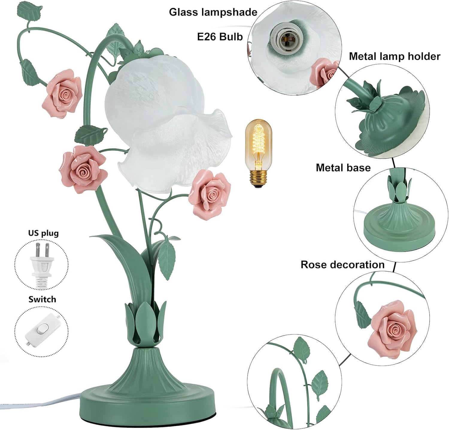 Rose Flower Glass Table Lamp, 17" Tall Bedside Lamp Stained Glass Lampshade Flower Desk Reading Lamps, Nightstand Ceramics Floral Desk Light E26 Bulb for Bedroom Living Room Dresser (Green, Pink)