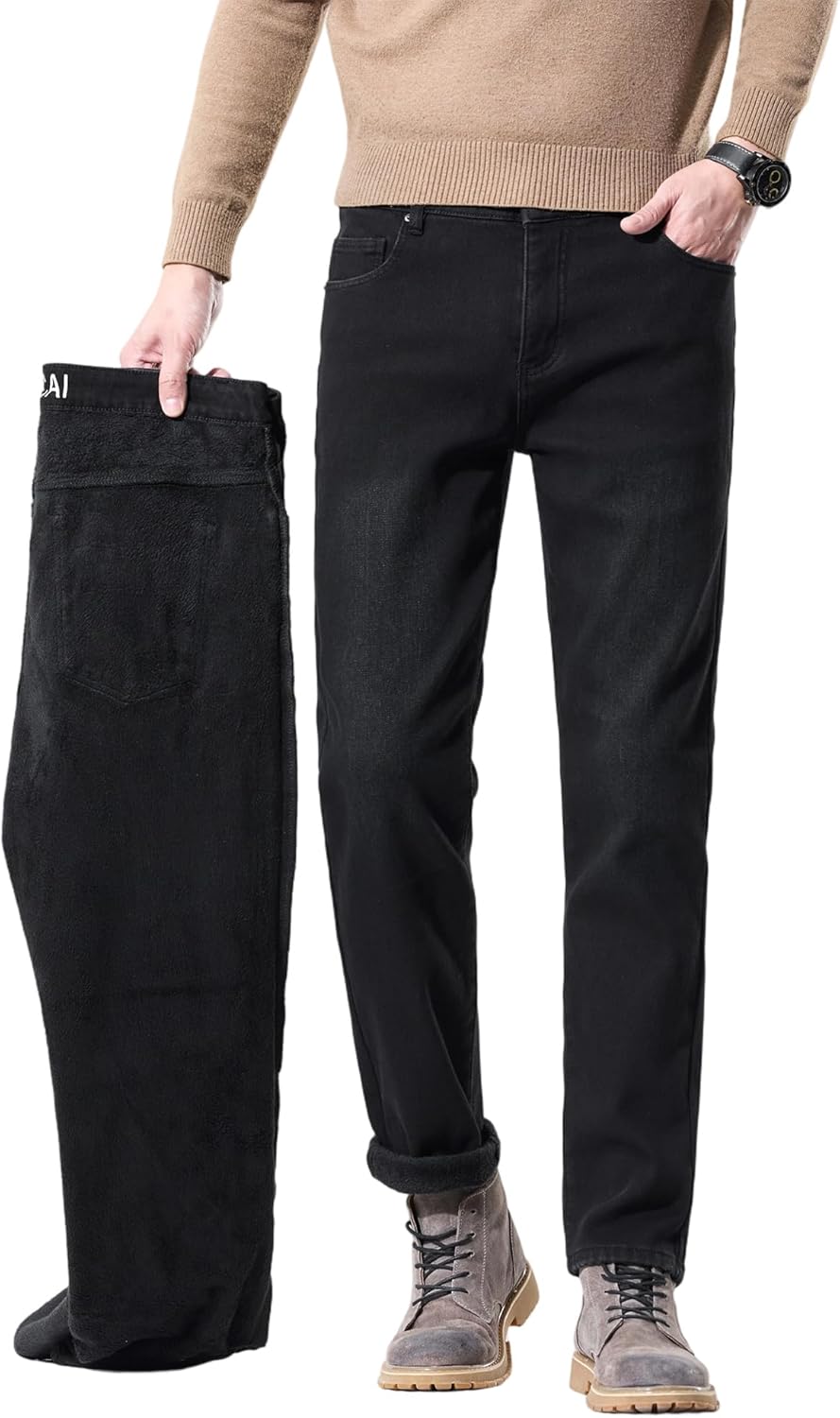 TENGINE Mens Fleece Denim Pants Winter Warm Skinny Slim Fit Jeans