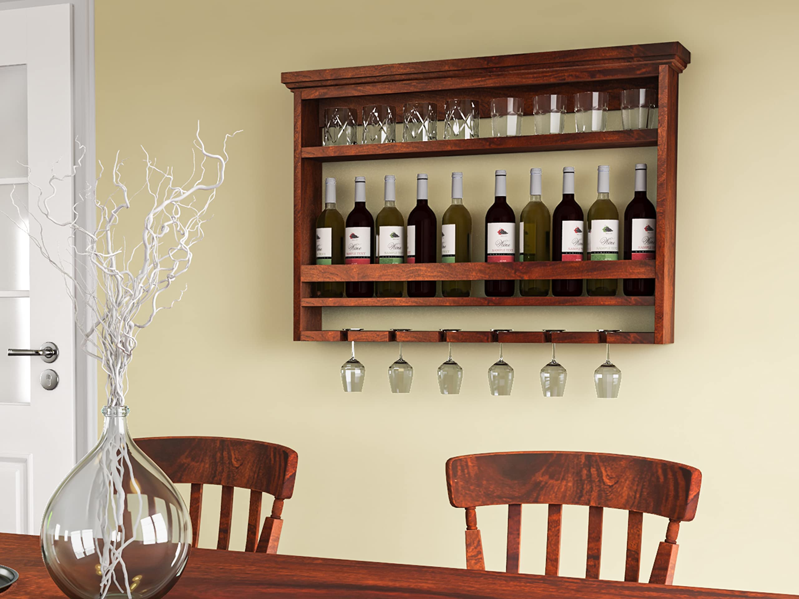 sheesham wooden wall hanging bar holder | solid wood bar cabinets for home | mini bar for home | rosewood rack and wine storage with glass hanging space (natural, medium size)